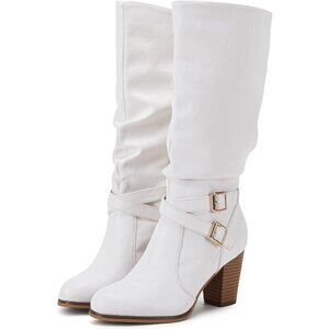 Women White Mid Knee High Boots Chunky Heel Slouchy Metal Buckle Winter Shoes